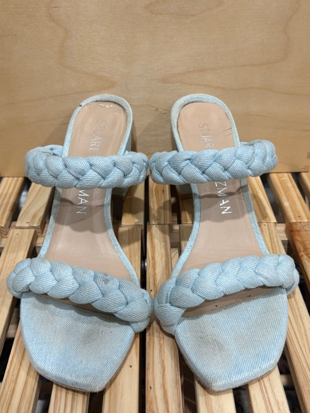 Stuart Weitzman Denim Braided Block Heel Sandals 10B